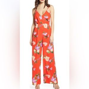 ASTR the Label  bright Orange Floral Strappy Jumpsuit Wide Leg New size Medium